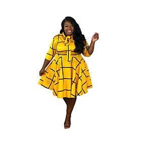 Women's A Line Dress Knee Length Dress Yellow Half Sleeve Striped Lace up Patchwork Fall Round Neck Casual 2021 XL XXL 3XL 4XL 5XL / Plus Size