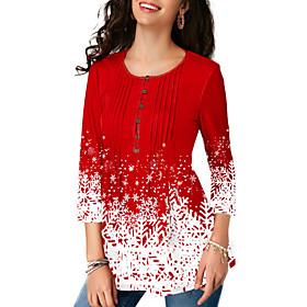 Women's Tunic Color Block Snowflake Ruffle Print Round Neck Tops Red