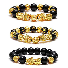 Feng Shui Pixiu Black Obsidian Wealth Bracelet Color Change Gold Plated Adjustable Handmade Braided Rope Lucky Jwelry