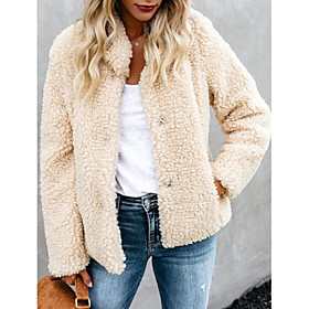 Women's Teddy Coat Solid Colored Patchwork Streetwear Fall  Winter Shirt Collar Regular Coat Holiday Long Sleeve Jacket Beige / Going out / Loose
