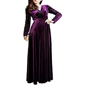 Women's Prom Dress elegant v-neck long sleeve high waist flared maxi velvet dress (small, purple)
