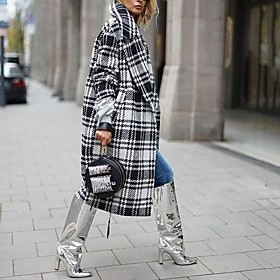 Women's Trench Coat Plaid Fall  Winter Long Coat Going out Long Sleeve Jacket Black