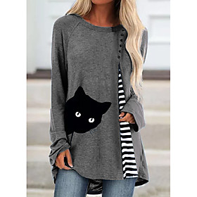 Women's T shirt Color Block Animal Long Sleeve Patchwork Print Round Neck Tops Cotton Basic Basic Top Blue Wine Dusty Blue