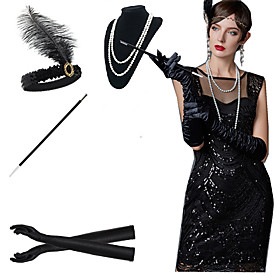 The Great Gatsby Charleston 1920s Roaring 20s Costume Accessory Sets Gloves Necklace Flapper Headband Women's Feather Costume Black / White / Red Vintage Cospl