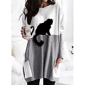 Women's Shift Dress Maxi long Dress Long Sleeve Print Cat Color Block Patchwork Print Fall Winter Casual 2021 Gray S M L XL XXL 3XL