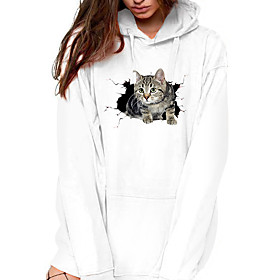 Women's Hoodie Pullover Cat Graphic 3D Front Pocket Daily Basic Casual Hoodies Sweatshirts  White