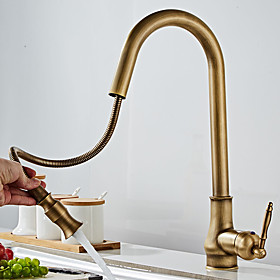 SingleHandleKitchenFaucet,Antique Copper One Hole Pull out/Pull down Widespread Brass Faucet Body with Pop-upDrain andCold Hot Mixer Hoses