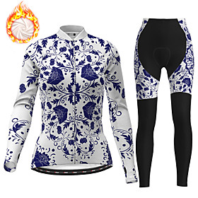 21Grams Women's Long Sleeve Cycling Jersey with Tights Winter Fleece Polyester White Floral Botanical Christmas Bike Clothing Suit Fleece Lining 3D Pad Warm Qu