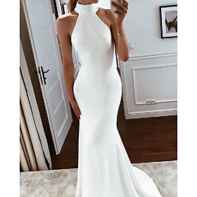 Mermaid / Trumpet Wedding Dresses Halter Neck Sweep / Brush Train Stretch Fabric Sleeveless Simple with 2021