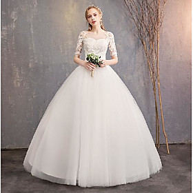 Jewel Neck Floor Length Lace Tulle Short Sleeve Formal Romantic Elegant with Pleats Appliques 2021