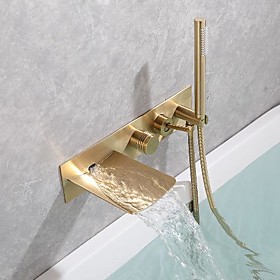 Brass Bathtub Faucet,Brushed Gold/Black Wall Installation Waterfall Included Handshower of Spray Type Bath Shower Mixer Taps with Hot and Cold Water