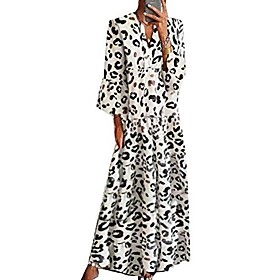 Women's A Line Dress Maxi long Dress White leopard Long Sleeve Pattern Fall Spring Casual / Daily 2021 S M L XL XXL XXXL 4XL