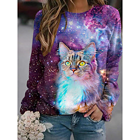 Femme Sweat à capuche Chat Graphique 3D Imprimer du quotidien 3D effet basique Décontractée Pulls Capuche Pulls molletonnés Violet