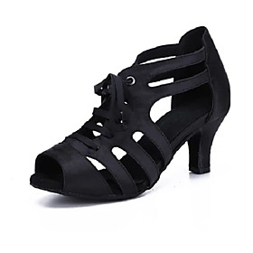 Women's Latin Shoes Heel Satin Flower Slim High Heel Silver / Black Leopard Dark Brown Lace-up