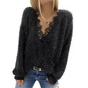 Women's Pullover Knitted Solid Color Long Sleeve Loose Sweater Cardigans V Neck Fall Spring Black