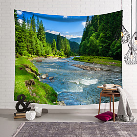 wall tapestry art decor blanket curtain hanging home bedroom living room decoration hillside green trees green grass river polyester