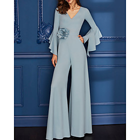 Jumpsuits Minimalist Elegant Engagement Formal Evening Dress V Neck Long Sleeve Floor Length Chiffon with Ruffles 2021