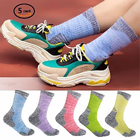 Women's Hiking Socks Crew Socks Ski Socks 5 Pairs Outdoor Breathable Warm Moisture Wicking Anti Blister Socks Patchwork Cotton Multi color for Camping / Hiking