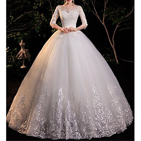 Jewel Neck Floor Length Lace Tulle Half Sleeve Formal Romantic Elegant with Appliques 2021