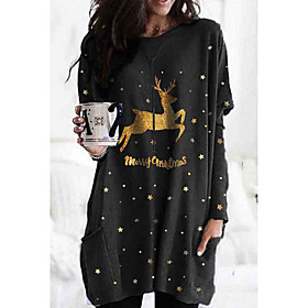 Women's T Shirt Dress Tee Dress Short Mini Dress Long Sleeve Print Animal Pocket Patchwork Print Fall Spring Plus Size Casual Christmas 2021 Black S M L XL XXL