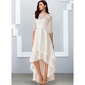 A-Line Wedding Dresses Jewel Neck Asymmetrical Chiffon Lace Half Sleeve Simple Beach with Cascading Ruffles 2021