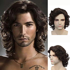 Cosplay Costume Wig Synthetic Wig Wavy Wavy With Bangs Wig Short Medium Length Black Synthetic Hair Men's Side Part Natural Black
