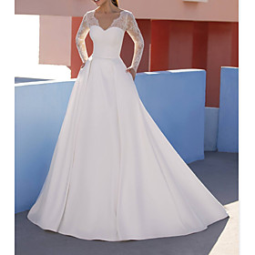 A-Line Wedding Dresses V Neck Floor Length Lace Satin Long Sleeve Formal Luxurious with Appliques 2021