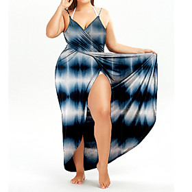 Women's Sundress Maxi long Dress Blue Sleeveless Geometric Print Spring Summer V Neck Casual vacation dresses 2021 XXL 3XL 4XL 5XL 6XL / Plus Size