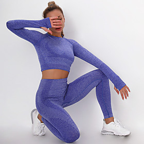 Women's 2pcs Yoga Suit Seamless Thumbhole Fashion Black Purple Pink Fitness Gym Workout Running High Waist Leggings Crop Top Long Sleeve Sport Activewear Tummy