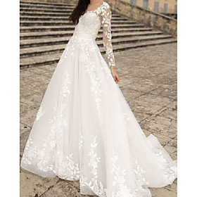 V Neck Floor Length Lace Tulle Long Sleeve Country with Appliques 2021