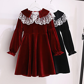 Kids Little Girls' Dress Patchwork Solid Colored Lace Trims Black Red Knee-length Long Sleeve Vintage Sweet Dresses