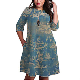 Women's Shift Dress Knee Length Dress Blue 3/4 Length Sleeve Print Print Fall Spring Round Neck Casual 2021 XXL 3XL 4XL 5XL 6XL / Plus Size