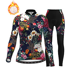 21Grams Women's Long Sleeve Cycling Jersey with Tights Winter Fleece Polyester Black Floral Botanical Christmas Bike Clothing Suit Thermal Warm Fleece Lining 3