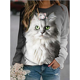 Women's Hoodie Sweatshirt Cartoon Cat Animal Print 3D Print 3D Print Hoodies Sweatshirts  Loose Gray