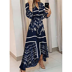 Women's Swing Dress Maxi long Dress White Blue 3/4 Length Sleeve Print Letter Patchwork Print Spring Summer V Neck Elegant Casual Going out vacation dresses 20