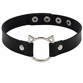halloween gothic choker necklaces black pu leather collar women vintage punk rock o ring adjustable spike choker cosplay necklace for biker (black cat)