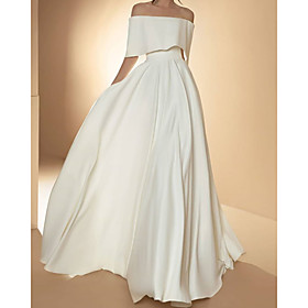 A-Line Wedding Dresses Off Shoulder Floor Length Satin Short Sleeve Simple with 2021
