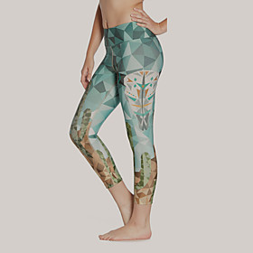 Women's Basic Chino Comfort Casual Gym Leggings Pants Plants Geometric Pattern Geometric Calf-Length Patchwork Print Light Green
