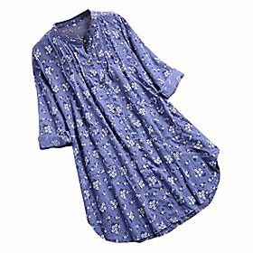 Women Button-Down Linen Shirts Floral Printed Henley V Neck Blouses Cuffed Sleeve Tunic Tops Sky Blue
