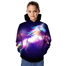 Sweat à capuche et Sweat Fille Enfants Manches Longues Cheval Impression 3D Graphique Ciel étoilé Animal Imprimé Arc-en-ciel Enfants Hauts Actif Fantaisie Ecol