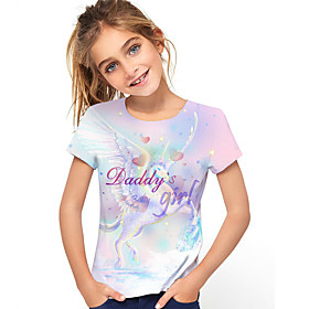 Kids Girls' T shirt Tee Short Sleeve Horse Unicorn Graphic 3D Letter Print Purple Children Tops Active Cute
