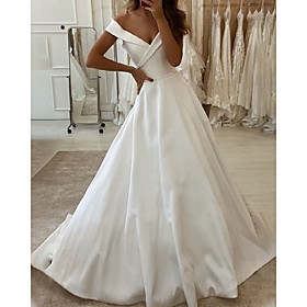 A-Line Wedding Dresses V Neck Floor Length Satin Sleeveless Country Simple with Pleats 2021