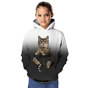 Kids Girls' Hoodie  Sweatshirt Long Sleeve Cat Graphic 3D Animal Print Gray Children Tops Active