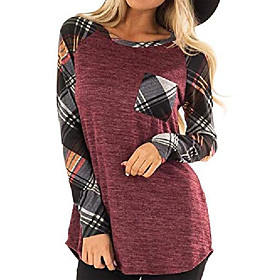 Women's Long Sleeve T Shirt Checked Tops Splicing Pullover Blouse Causal Tunic S Red