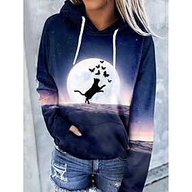 Femme Sweat à capuche Sweat Chat Graphique 3D Poche avant Imprimer du quotidien 3D effet basique Décontractée Pulls Capuche Pulls molletonnés Bleu Marine