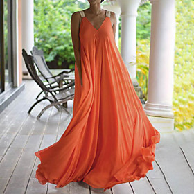 Women's Swing Dress Maxi long Dress Blue Black Orange Sleeveless Solid Color Ruffle Patchwork Spring Summer V Neck Elegant Boho vacation dresses Loose 2021 S M