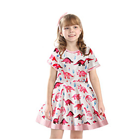 Kids Little Girls' Dress Dinosaur Animal Print Blushing Pink Above Knee Short Sleeve Active Sweet Dresses Regular Fit