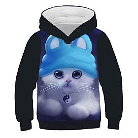 Sweat à capuche et Sweat Fille Enfants Manches Longues Chat Imprimé 3D Animal Imprimé Bleu Enfants Hauts Actif Chic de Rue