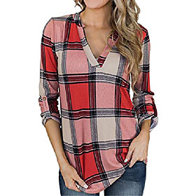 Women's Check Plaid Shirts V Neck Roll Up/Long Sleeve Casual Blouse Tops (C-Red, M)