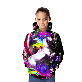 Kids Girls' Hoodie  Sweatshirt Long Sleeve Horse Graphic 3D Animal Print Rainbow Children Tops Active